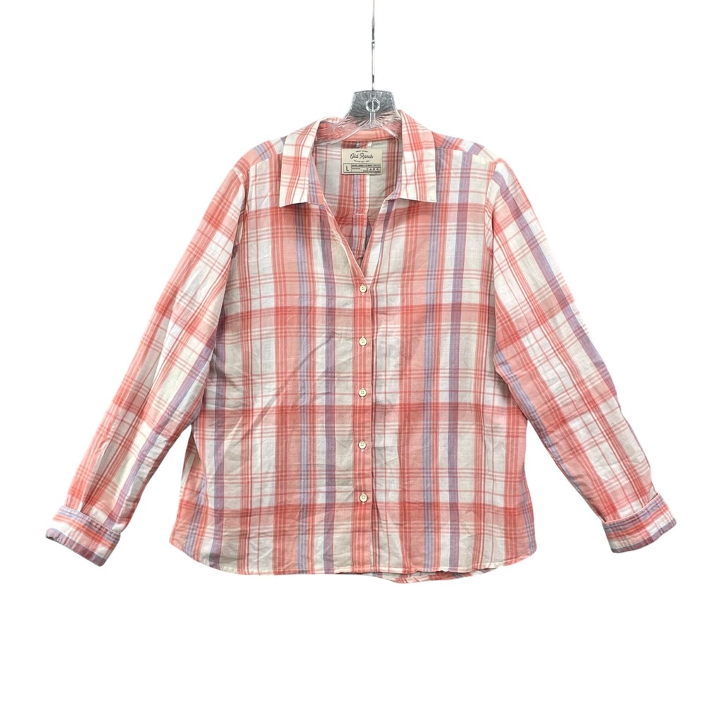 Old Ranch Plaid Shirt Womens Large Coral Orange Blue Cotton Roll Sleeve Western